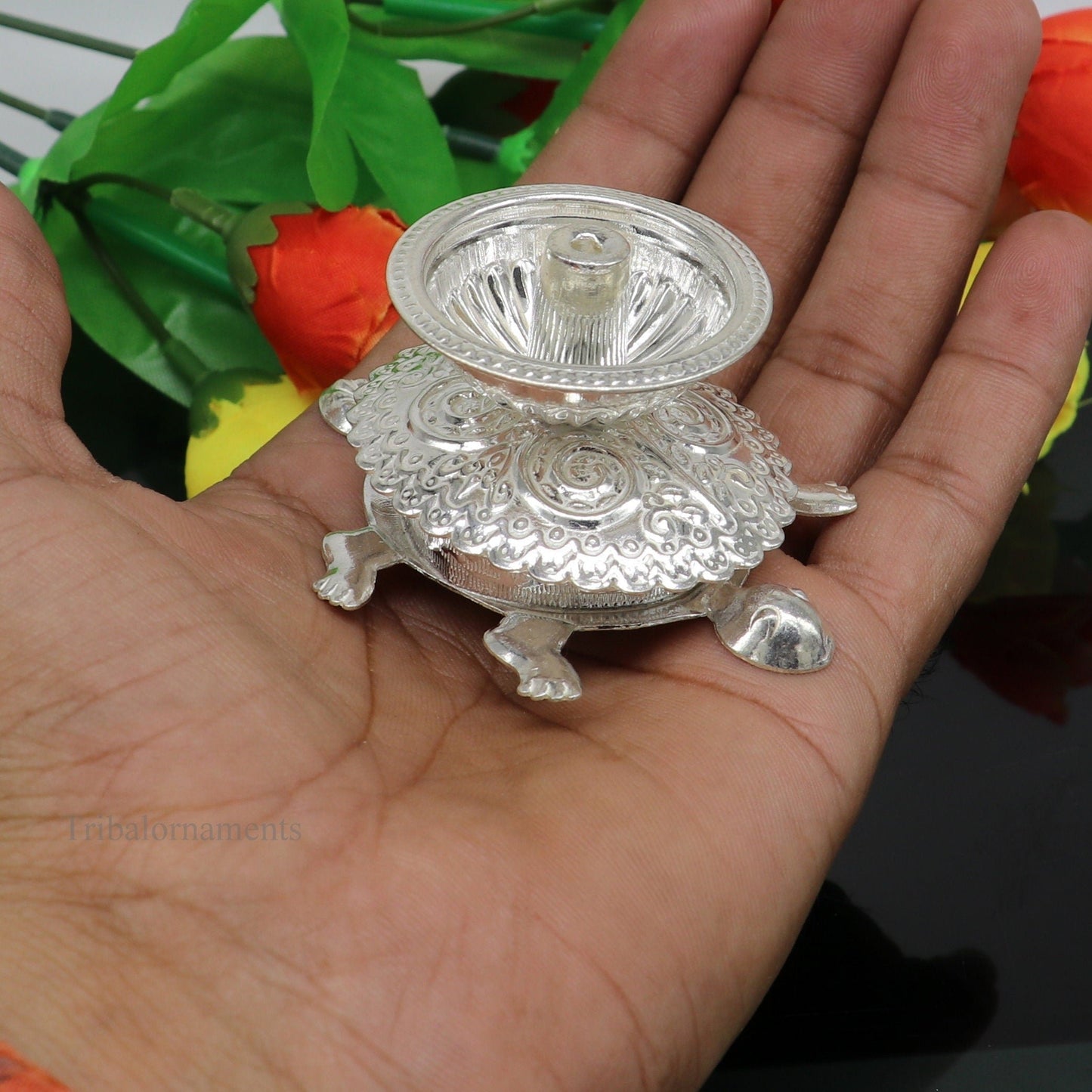 Diwali puja special solid silver handmade tortoise design oil lamp, silver deepak diya, silver temple utensils ,silver puja articles su415 - TRIBAL ORNAMENTS