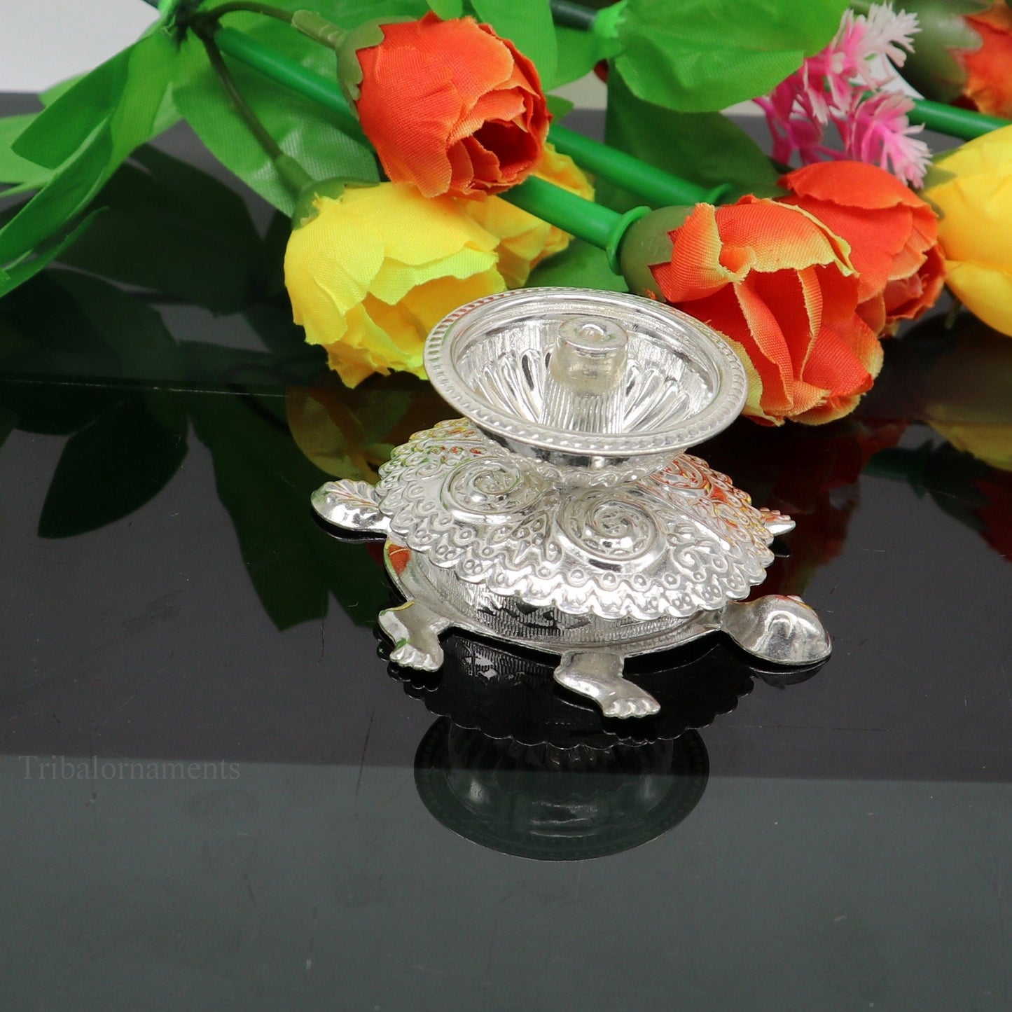 Diwali puja special solid silver handmade tortoise design oil lamp, silver deepak diya, silver temple utensils ,silver puja articles su415 - TRIBAL ORNAMENTS