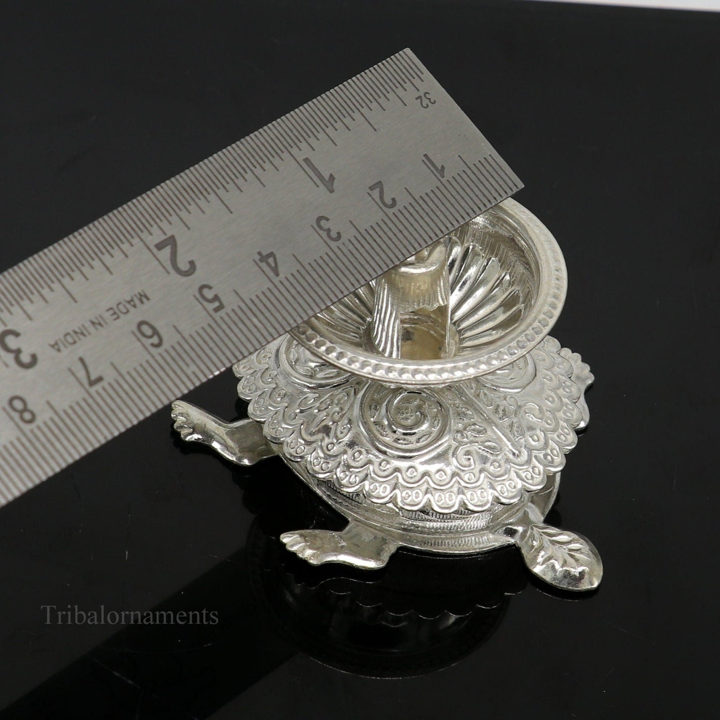 Diwali puja special solid silver handmade tortoise design oil lamp, silver deepak diya, silver temple utensils ,silver puja articles su415 - TRIBAL ORNAMENTS