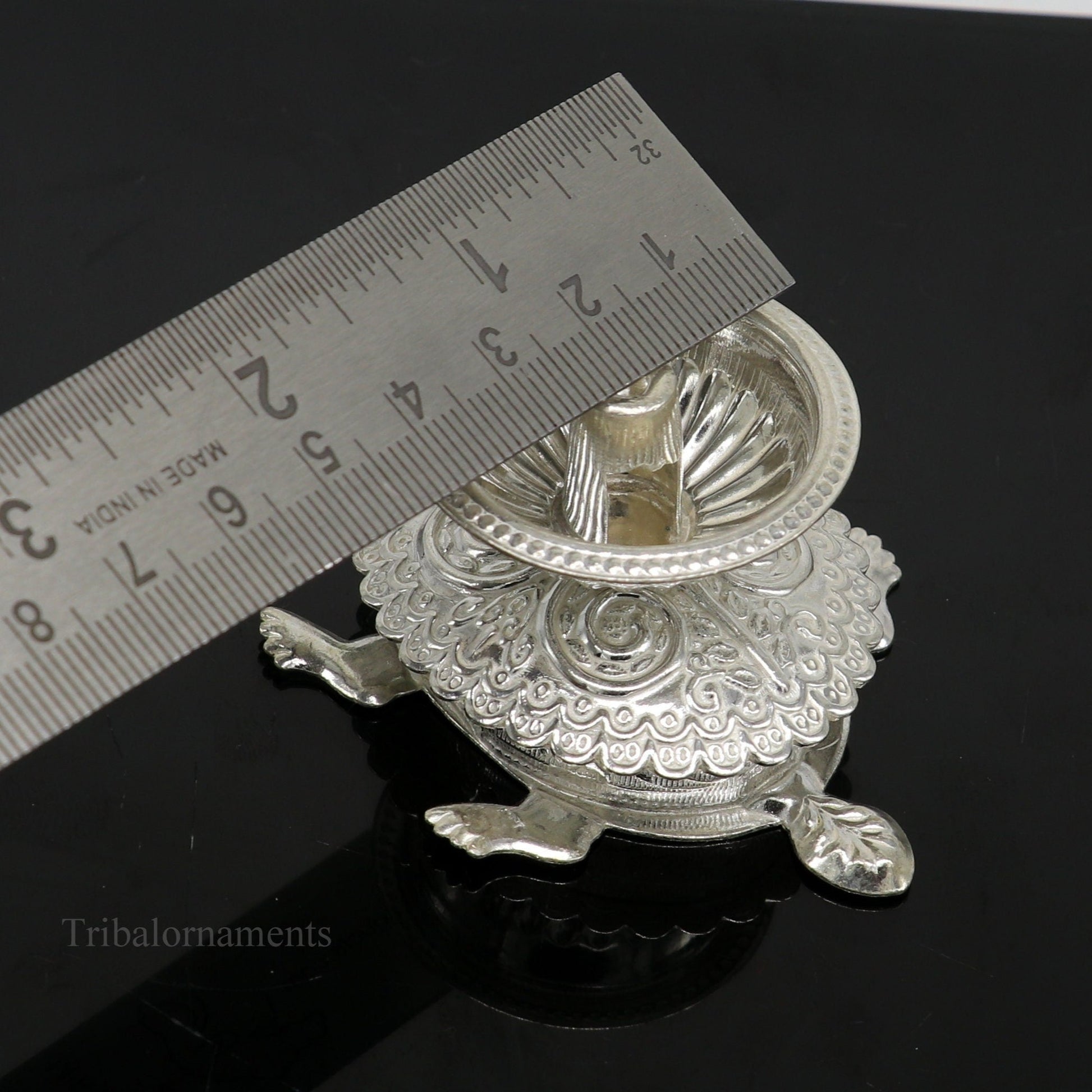 Diwali puja special solid silver handmade tortoise design oil lamp, silver deepak diya, silver temple utensils ,silver puja articles su415 - TRIBAL ORNAMENTS