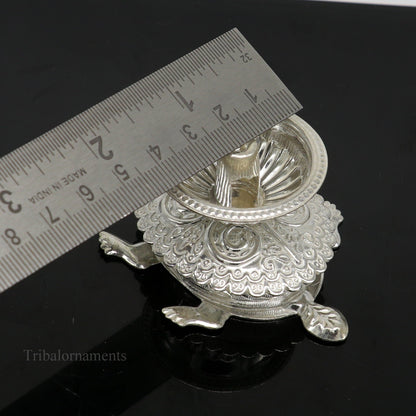 Diwali puja special solid silver handmade tortoise design oil lamp, silver deepak diya, silver temple utensils ,silver puja articles su415 - TRIBAL ORNAMENTS