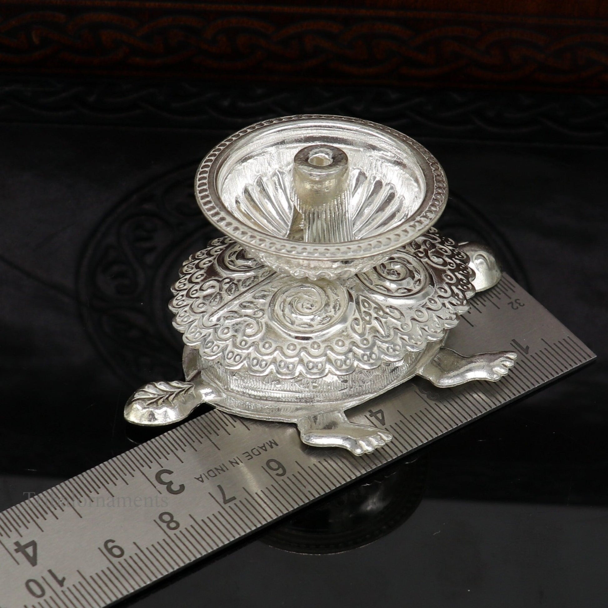 Diwali puja special solid silver handmade tortoise design oil lamp, silver deepak diya, silver temple utensils ,silver puja articles su415 - TRIBAL ORNAMENTS