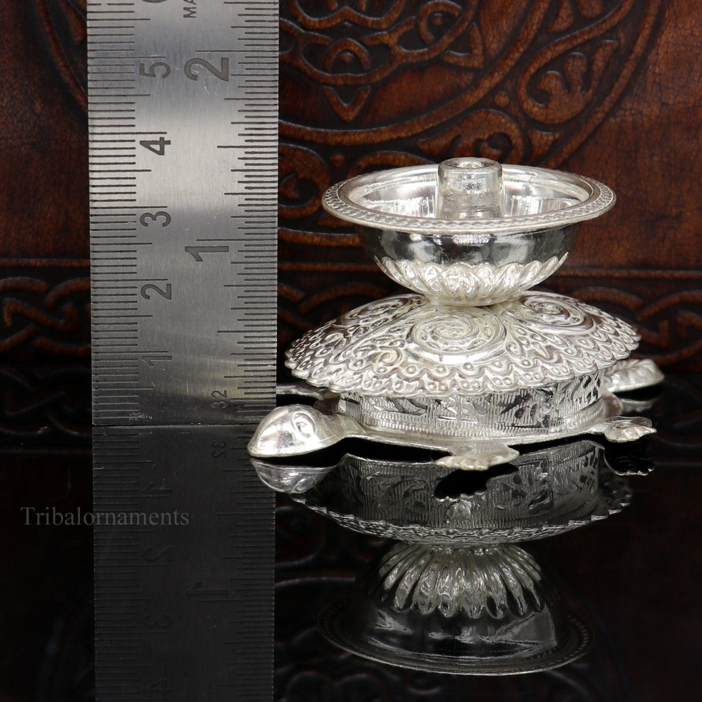 Diwali puja special solid silver handmade tortoise design oil lamp, silver deepak diya, silver temple utensils ,silver puja articles su415 - TRIBAL ORNAMENTS