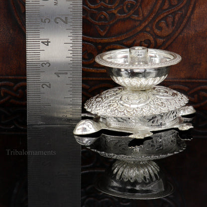 Diwali puja special solid silver handmade tortoise design oil lamp, silver deepak diya, silver temple utensils ,silver puja articles su415 - TRIBAL ORNAMENTS