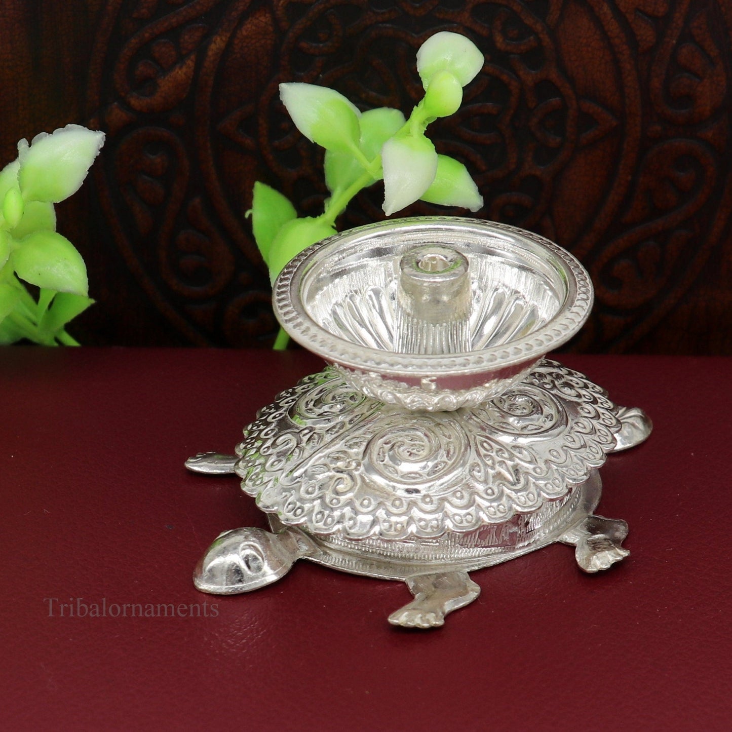 Diwali puja special solid silver handmade tortoise design oil lamp, silver deepak diya, silver temple utensils ,silver puja articles su415 - TRIBAL ORNAMENTS