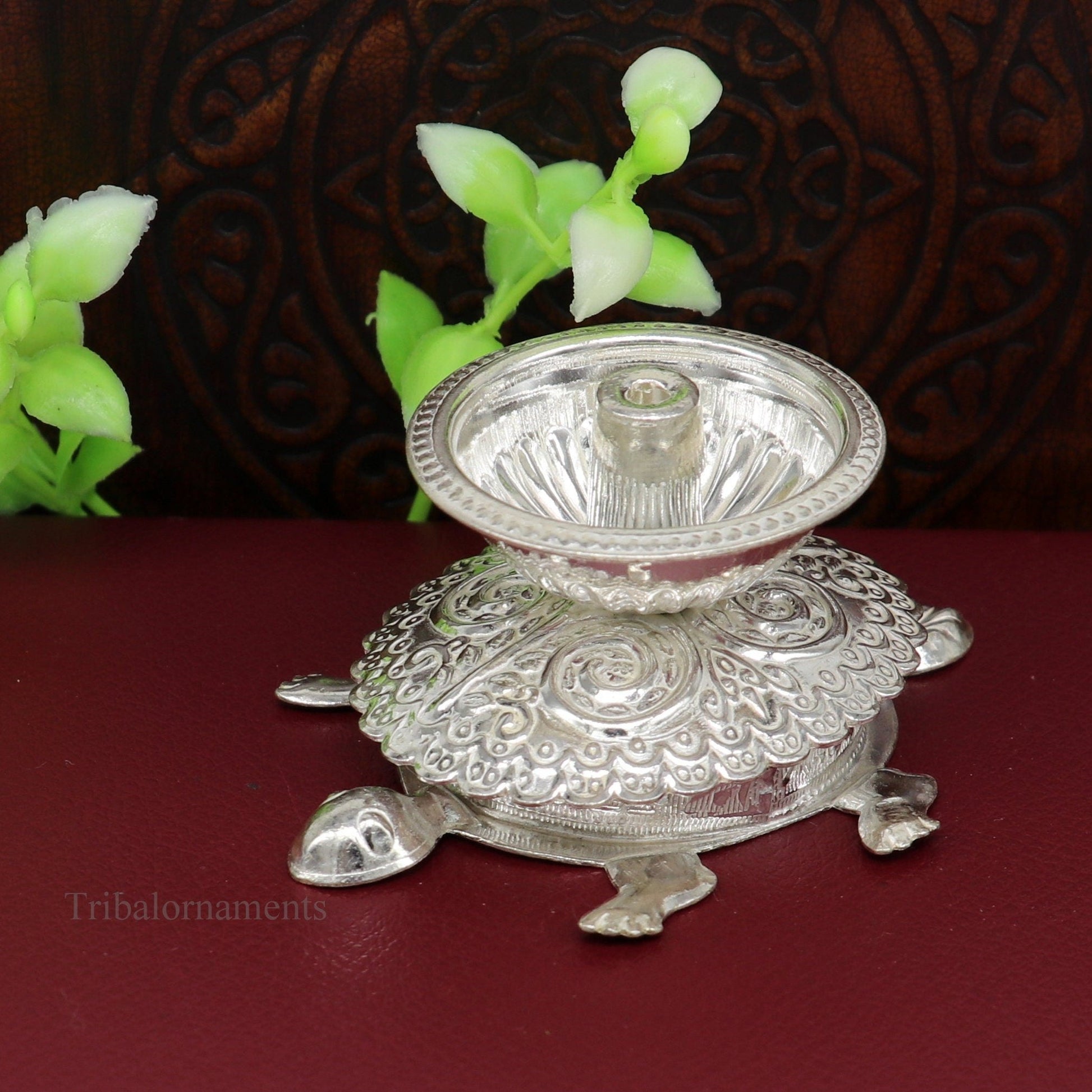 Diwali puja special solid silver handmade tortoise design oil lamp, silver deepak diya, silver temple utensils ,silver puja articles su415 - TRIBAL ORNAMENTS