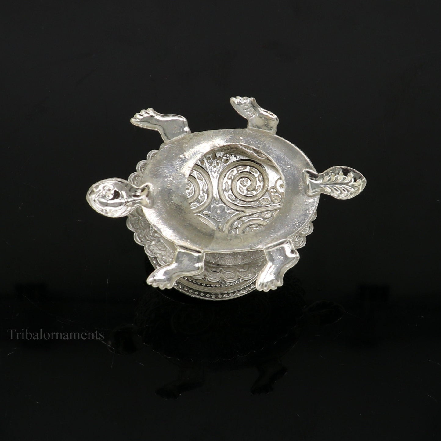 Diwali puja special solid silver handmade tortoise design oil lamp, silver deepak diya, silver temple utensils ,silver puja articles su415 - TRIBAL ORNAMENTS