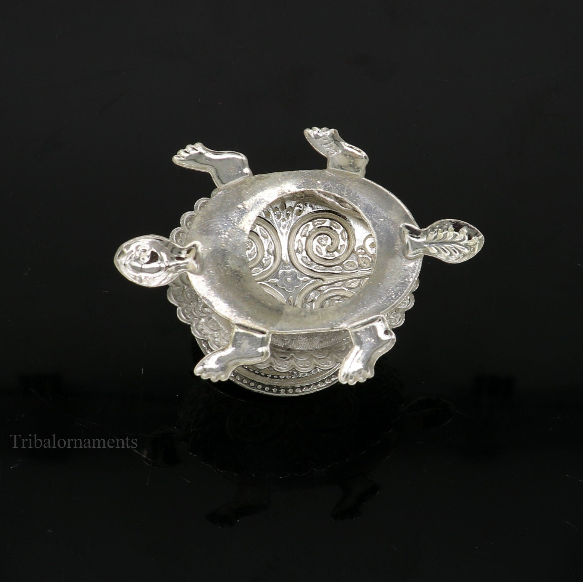 Diwali puja special solid silver handmade tortoise design oil lamp, silver deepak diya, silver temple utensils ,silver puja articles su415 - TRIBAL ORNAMENTS