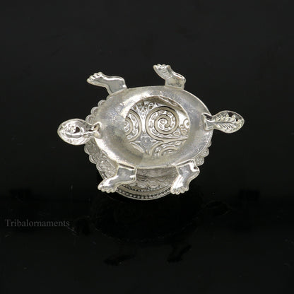 Diwali puja special solid silver handmade tortoise design oil lamp, silver deepak diya, silver temple utensils ,silver puja articles su415 - TRIBAL ORNAMENTS