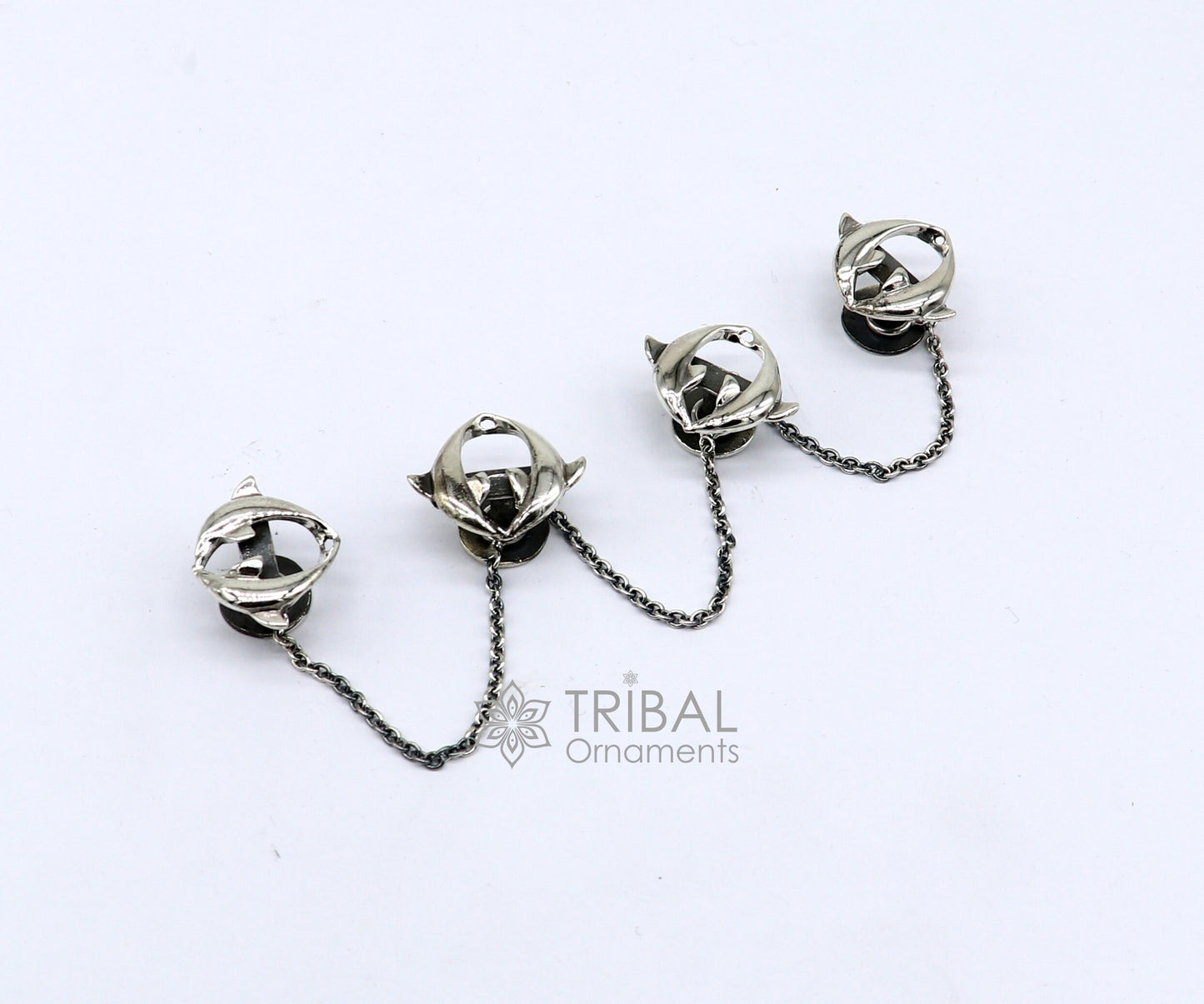 Dolphin pair design 925 Sterling Silver set of 4 kurta Buttons for Fashion Perfection, silver cufflinks, cultural trendy jewelry btn44 - TRIBAL ORNAMENTS