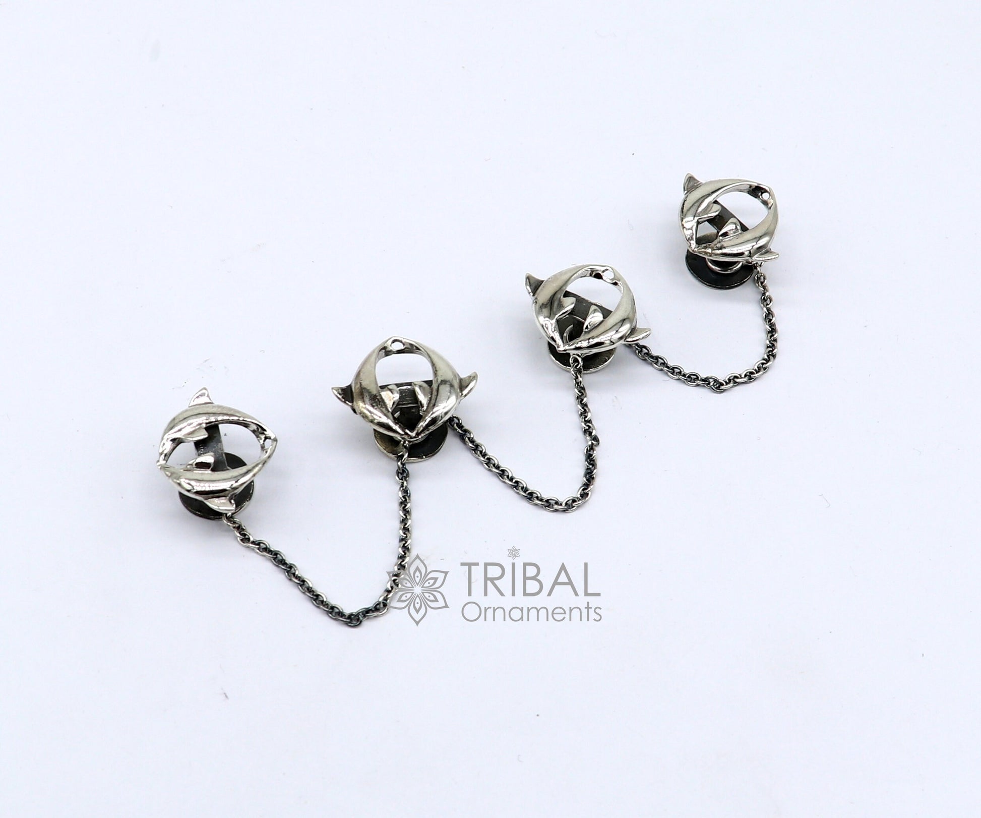 Dolphin pair design 925 Sterling Silver set of 4 kurta Buttons for Fashion Perfection, silver cufflinks, cultural trendy jewelry btn44 - TRIBAL ORNAMENTS