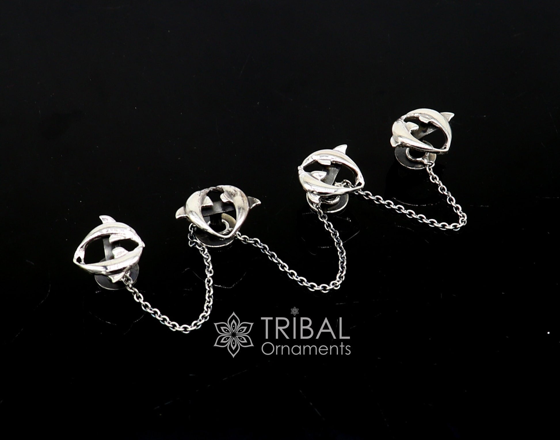 Dolphin pair design 925 Sterling Silver set of 4 kurta Buttons for Fashion Perfection, silver cufflinks, cultural trendy jewelry btn44 - TRIBAL ORNAMENTS