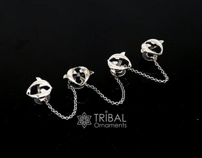 Dolphin pair design 925 Sterling Silver set of 4 kurta Buttons for Fashion Perfection, silver cufflinks, cultural trendy jewelry btn44 - TRIBAL ORNAMENTS