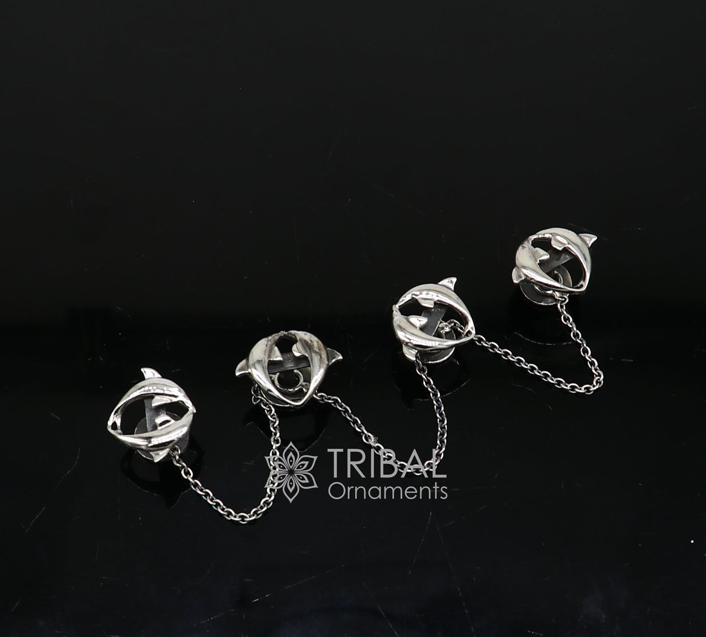 Dolphin pair design 925 Sterling Silver set of 4 kurta Buttons for Fashion Perfection, silver cufflinks, cultural trendy jewelry btn44 - TRIBAL ORNAMENTS