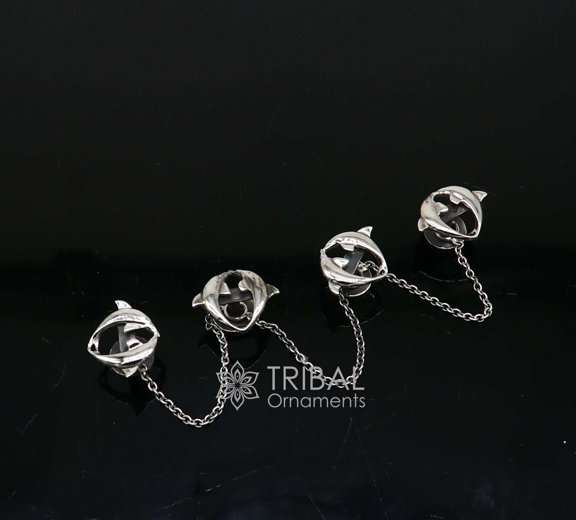 Dolphin pair design 925 Sterling Silver set of 4 kurta Buttons for Fashion Perfection, silver cufflinks, cultural trendy jewelry btn44 - TRIBAL ORNAMENTS