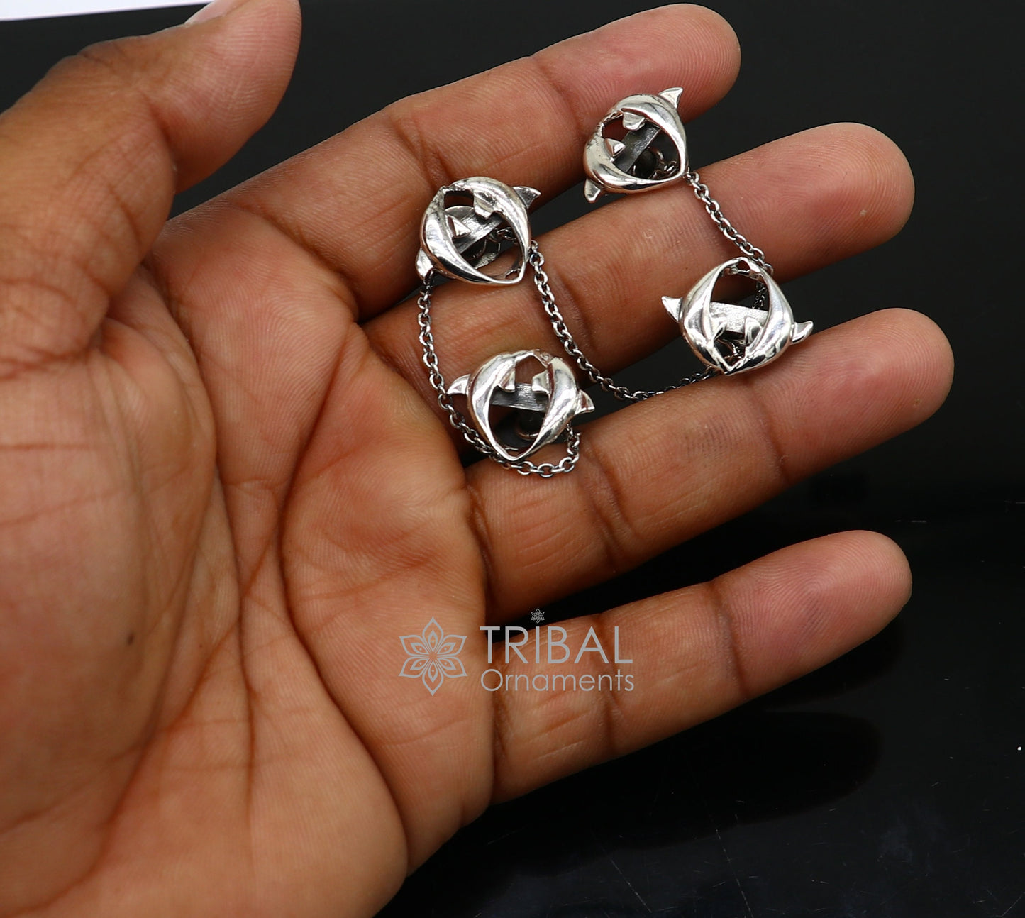 Dolphin pair design 925 Sterling Silver set of 4 kurta Buttons for Fashion Perfection, silver cufflinks, cultural trendy jewelry btn44 - TRIBAL ORNAMENTS