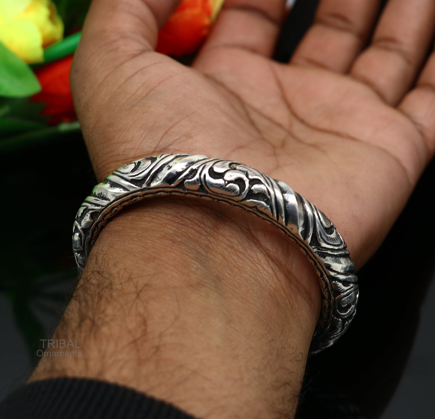 Elegant 925 Sterling silver handcrafted chitai work customized oxidized stylish vintage design bangle bracelet kada tribal jewelry nsk398 - TRIBAL ORNAMENTS