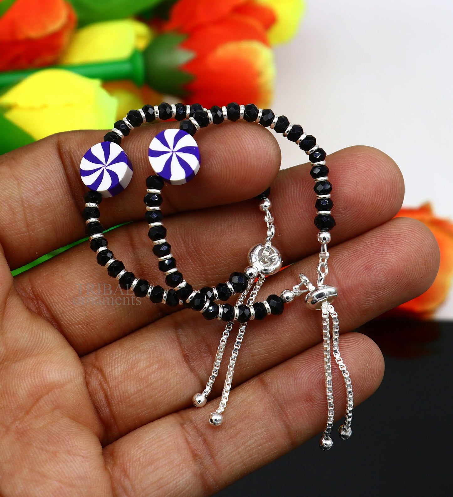 Elegant baby beaded bangle bracelet or ankle bracelet 925 sterling silver handmade customized kids jewelry form india bbr43 - TRIBAL ORNAMENTS