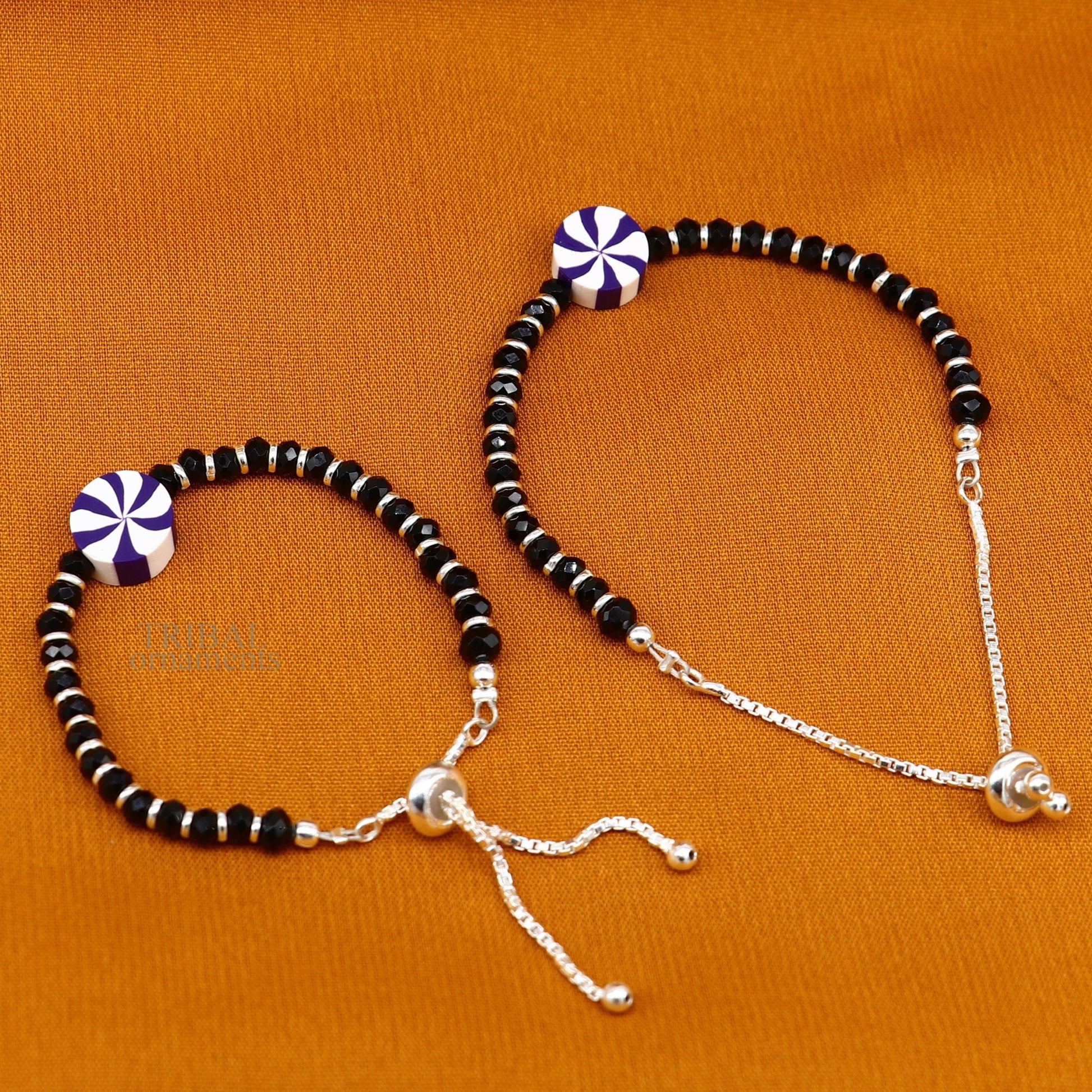 Elegant baby beaded bangle bracelet or ankle bracelet 925 sterling silver handmade customized kids jewelry form india bbr43 - TRIBAL ORNAMENTS