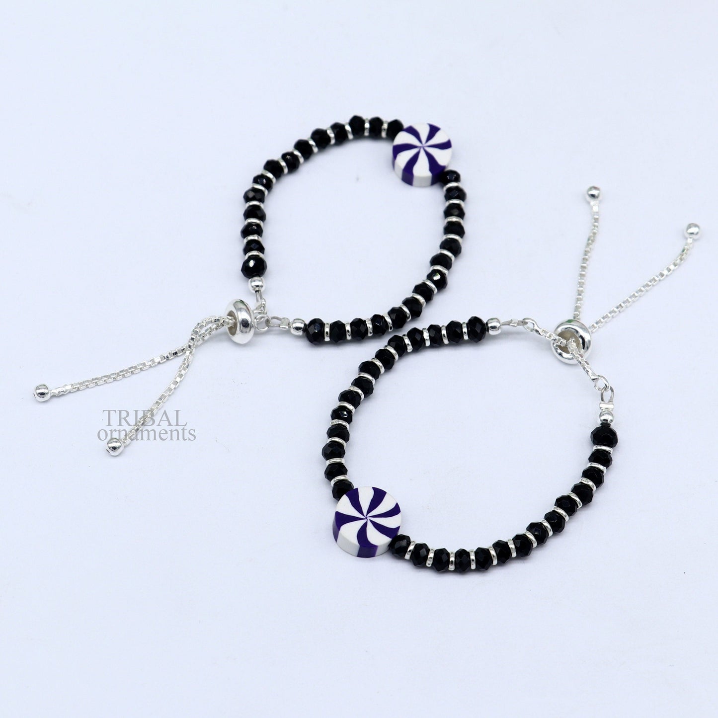 Elegant baby beaded bangle bracelet or ankle bracelet 925 sterling silver handmade customized kids jewelry form india bbr43 - TRIBAL ORNAMENTS