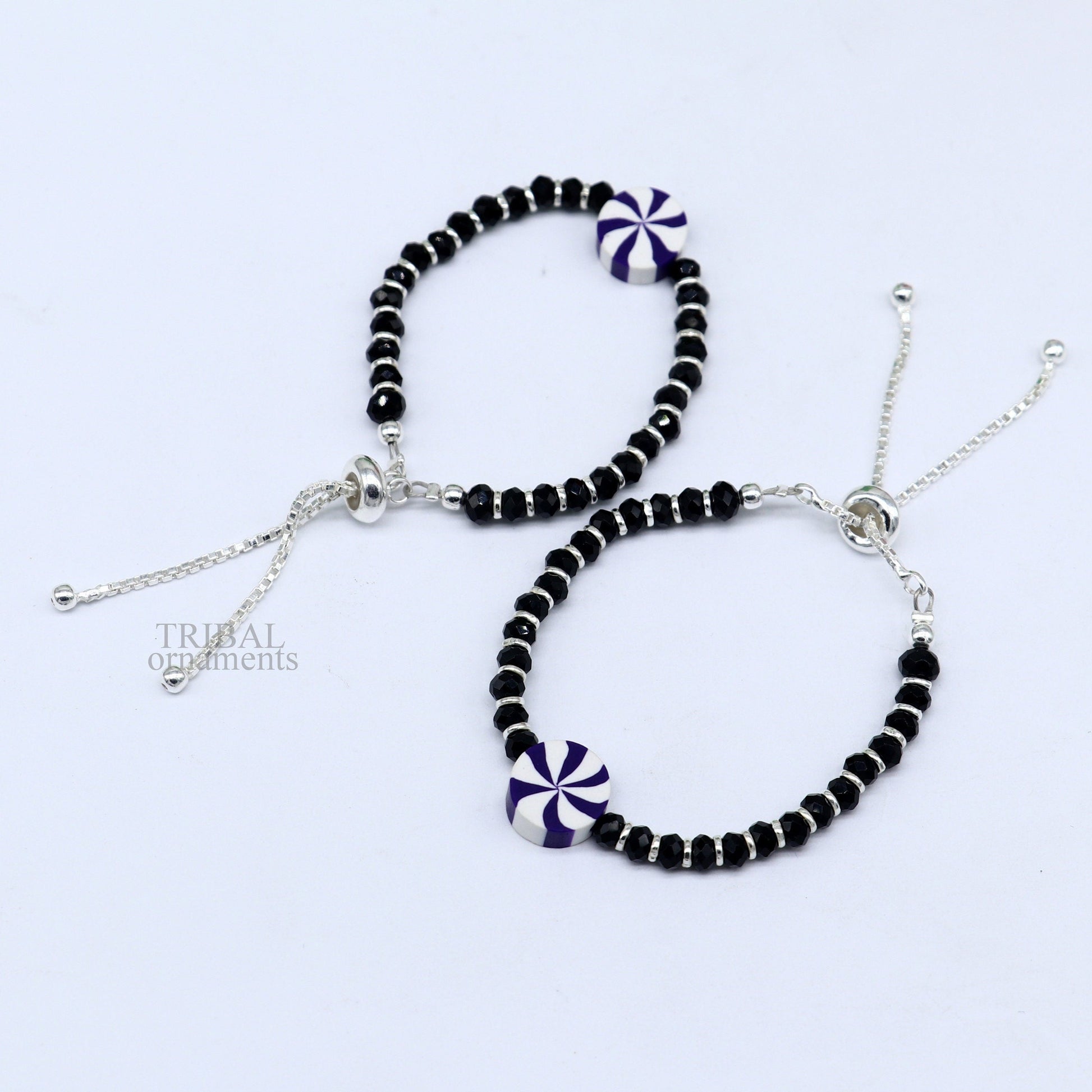 Elegant baby beaded bangle bracelet or ankle bracelet 925 sterling silver handmade customized kids jewelry form india bbr43 - TRIBAL ORNAMENTS