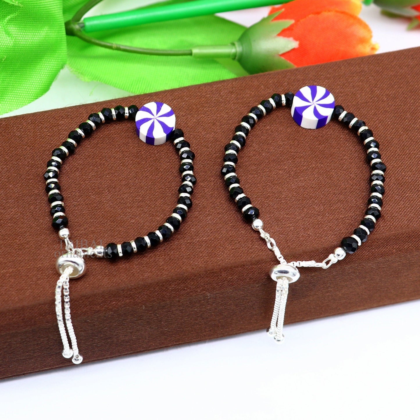 Elegant baby beaded bangle bracelet or ankle bracelet 925 sterling silver handmade customized kids jewelry form india bbr43 - TRIBAL ORNAMENTS