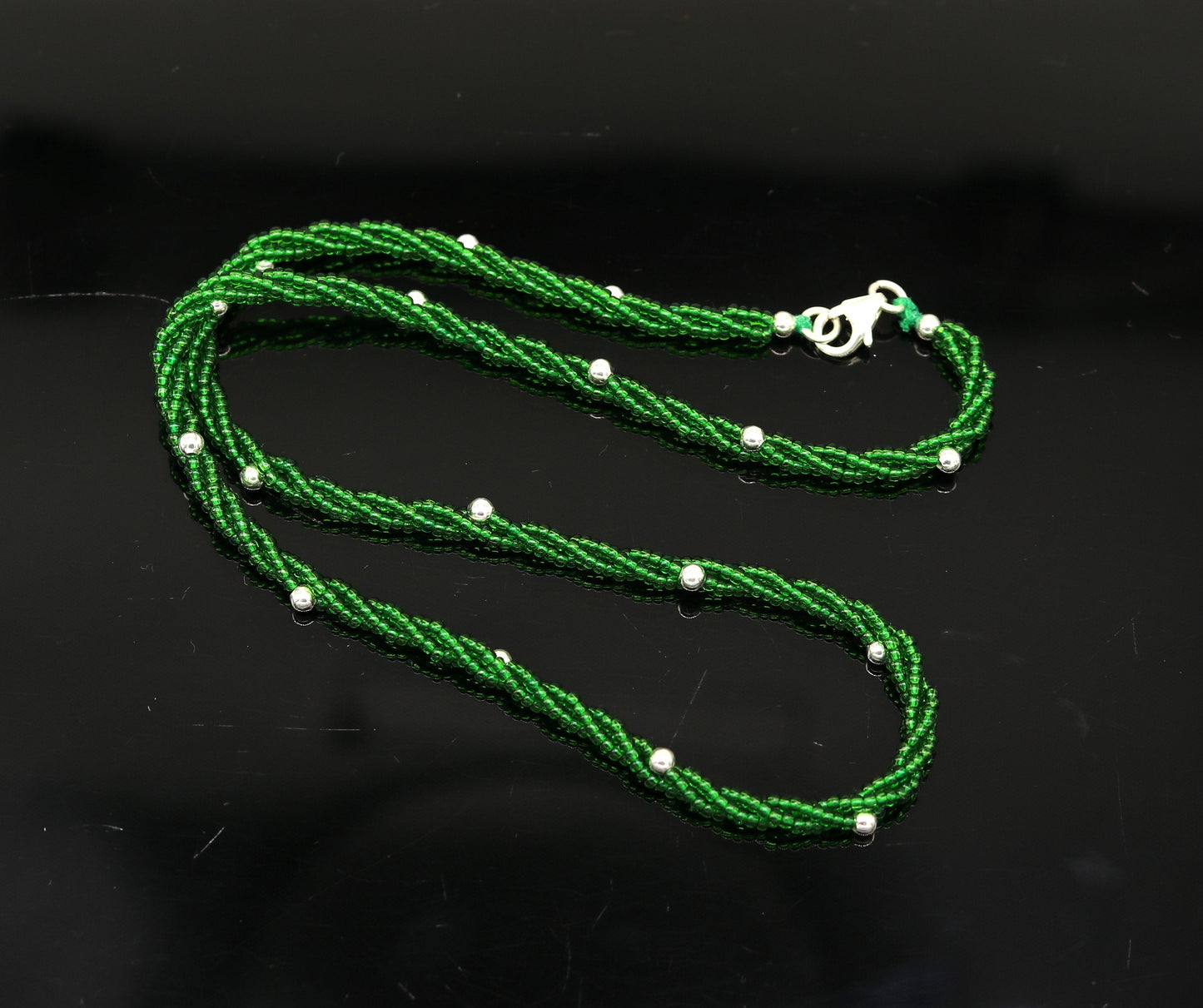 Elegant custom Necklace with randomly placed silver semi-precious green beads 925 pure silver galaxy necklace triple chain necklace set133 - TRIBAL ORNAMENTS