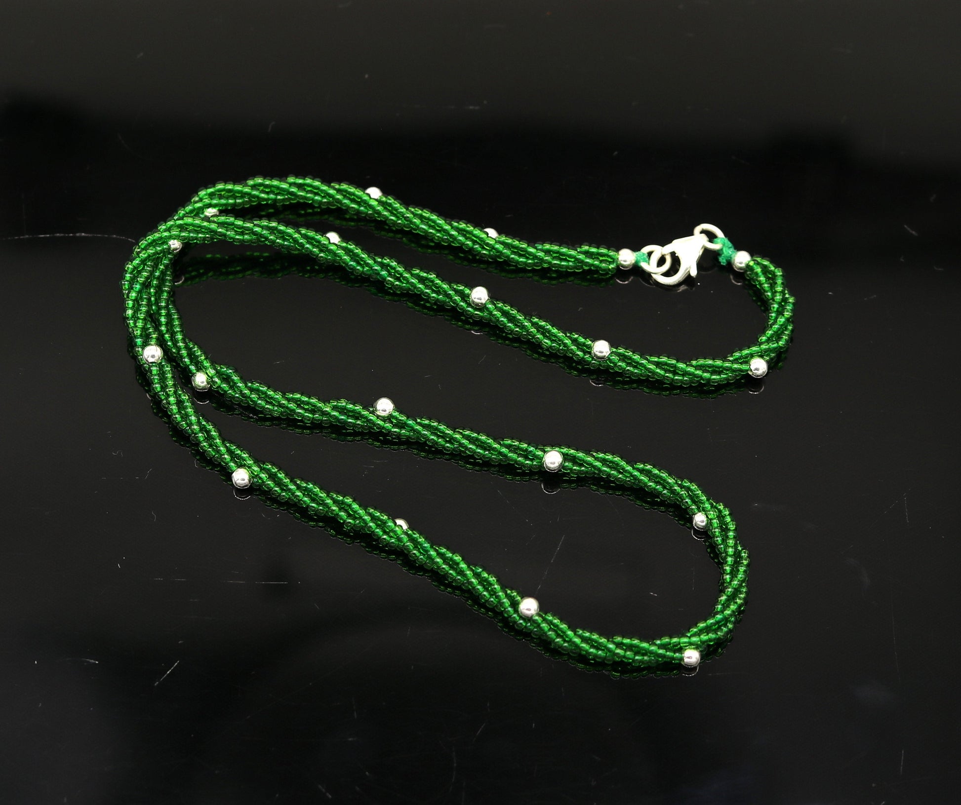 Elegant custom Necklace with randomly placed silver semi-precious green beads 925 pure silver galaxy necklace triple chain necklace set133 - TRIBAL ORNAMENTS