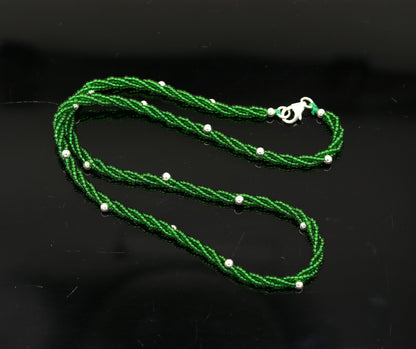Elegant TRIBAL ORNAMENTS galaxy necklace with silver semi-precious green beads, triple chain design, crafted in 925 pure silver.