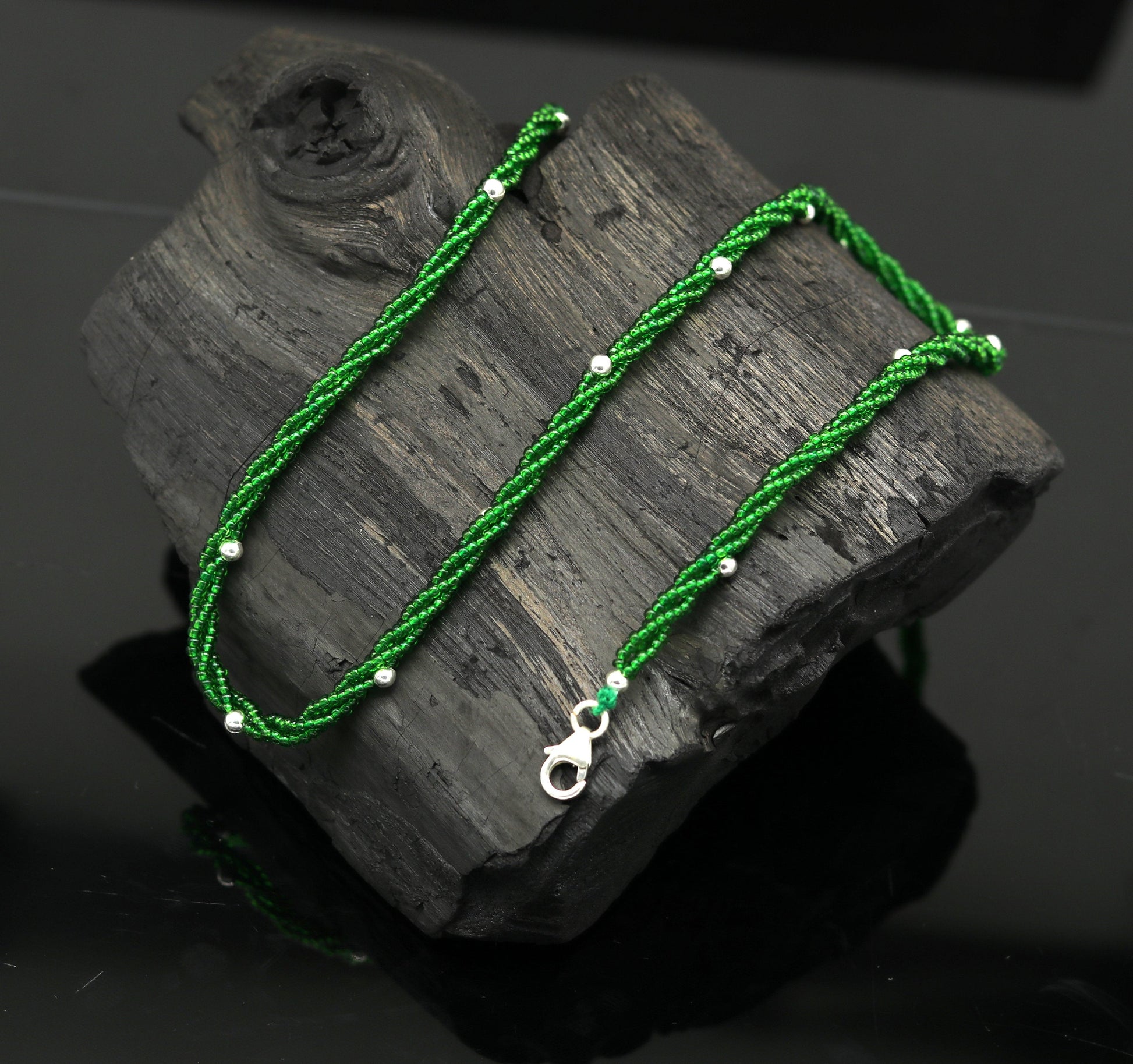 Elegant custom Necklace with randomly placed silver semi-precious green beads 925 pure silver galaxy necklace triple chain necklace set133 - TRIBAL ORNAMENTS