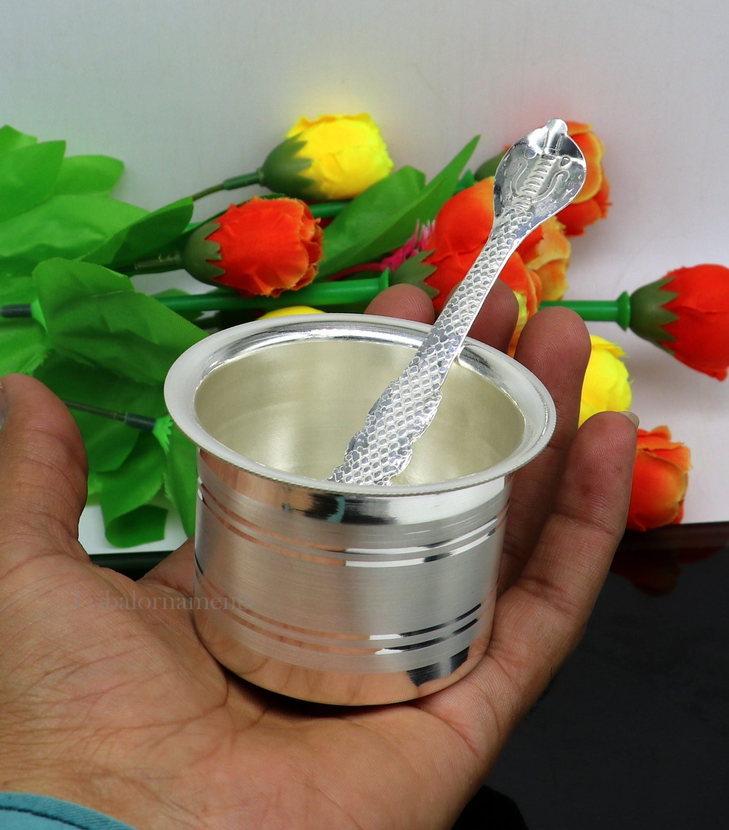 Elegant Ghee pot patra puja or worshipping Solid silver ghee bowl or pot, Butter pot for kitchen, silver puja utensils from India su541 - TRIBAL ORNAMENTS