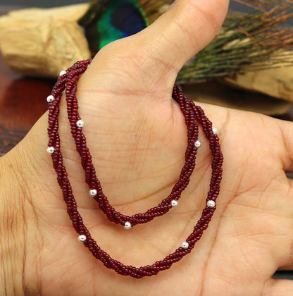 Elegant handmade galaxy necklace featuring silver and semi-precious beads on a triple chain, crafted from 925 pure silver by TRIBAL ORNAMENTS.
