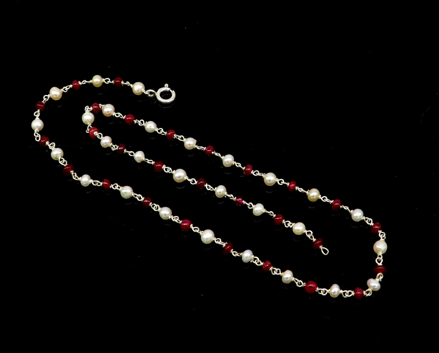 Elegant pearl and red stone beaded necklace in 925 sterling silver, 16 inches long, suitable for women’s daily wear or gifting.