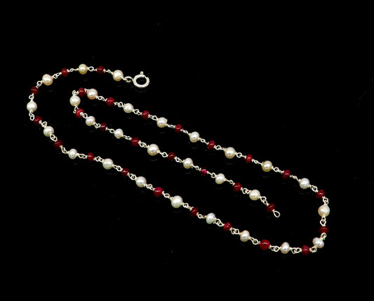 Elegant pearl and red stone custom made 925 sterling silver 16" long beaded necklace, gorgeous girl's women's daily use best gifting ch100 - TRIBAL ORNAMENTS