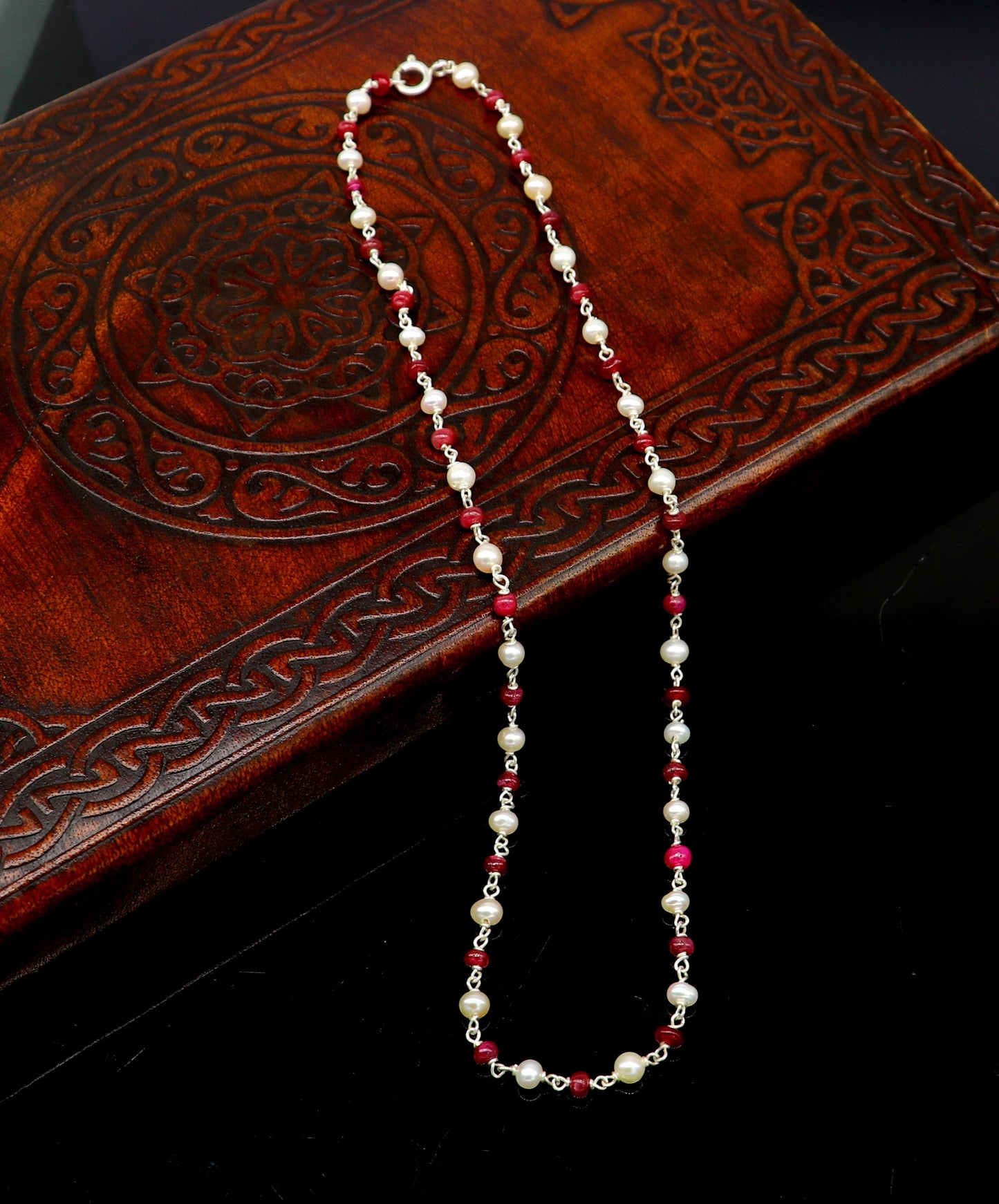 Elegant pearl and red stone beaded necklace in 925 sterling silver, 16 inches long, perfect for women or as a gift.