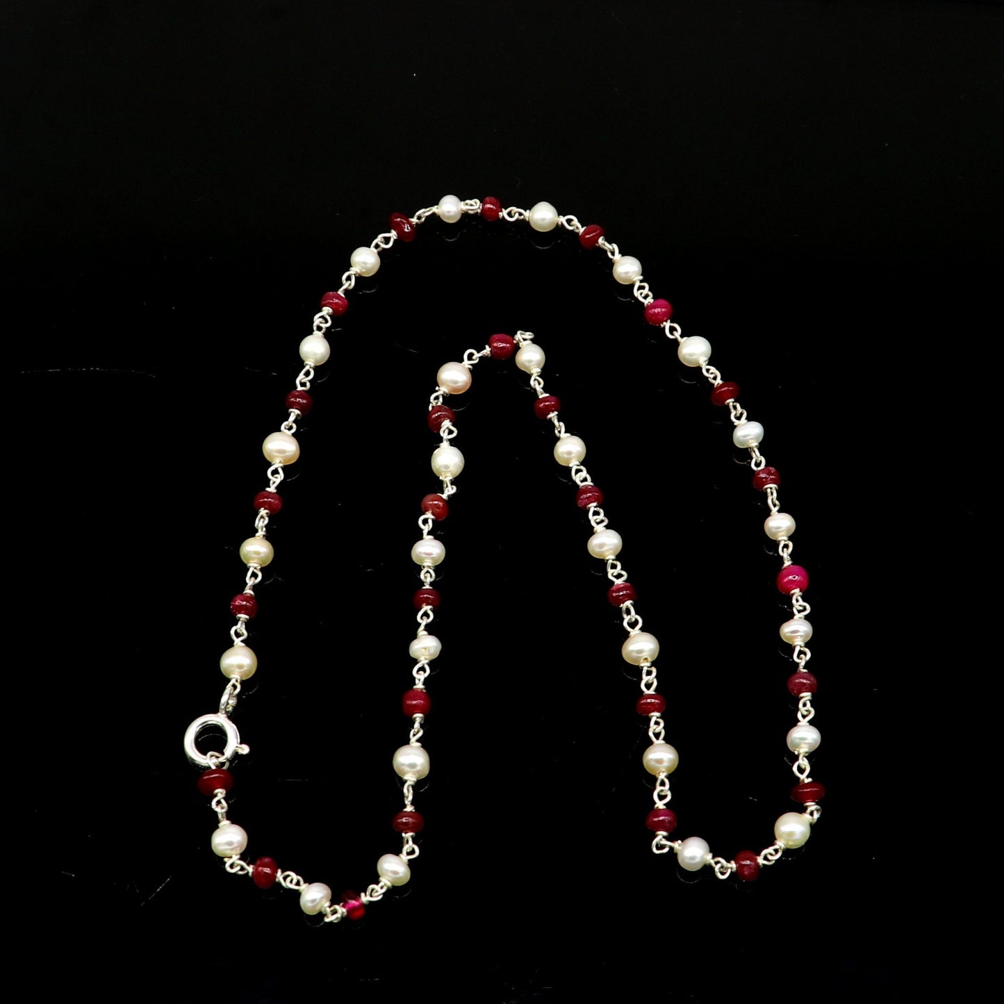 Elegant pearl and red stone beaded necklace in 925 sterling silver, 16 inches long, suitable for women and daily wear.