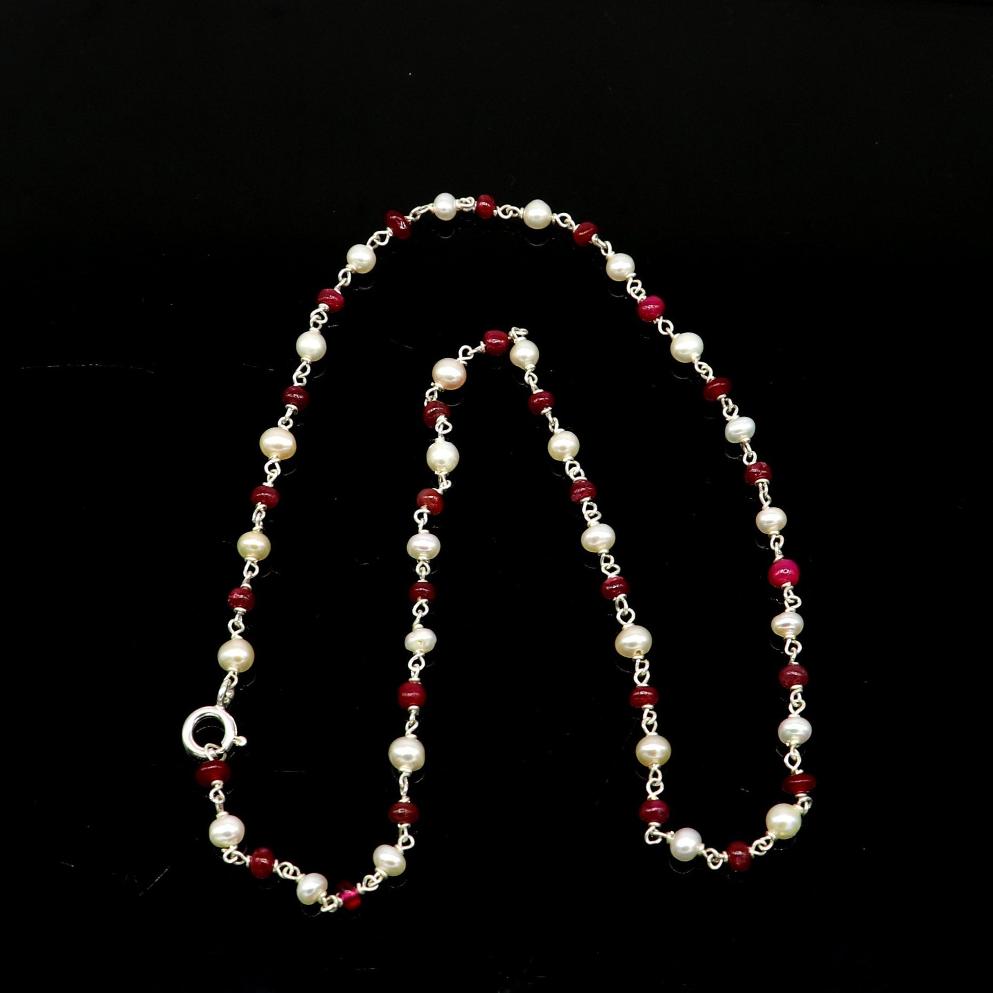 Elegant pearl and red stone beaded necklace in 925 sterling silver, 16 inches long, suitable for women and daily wear.