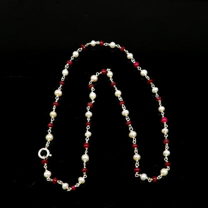 Elegant pearl and red stone beaded necklace in 925 sterling silver, 16 inches long, suitable for women and daily wear.