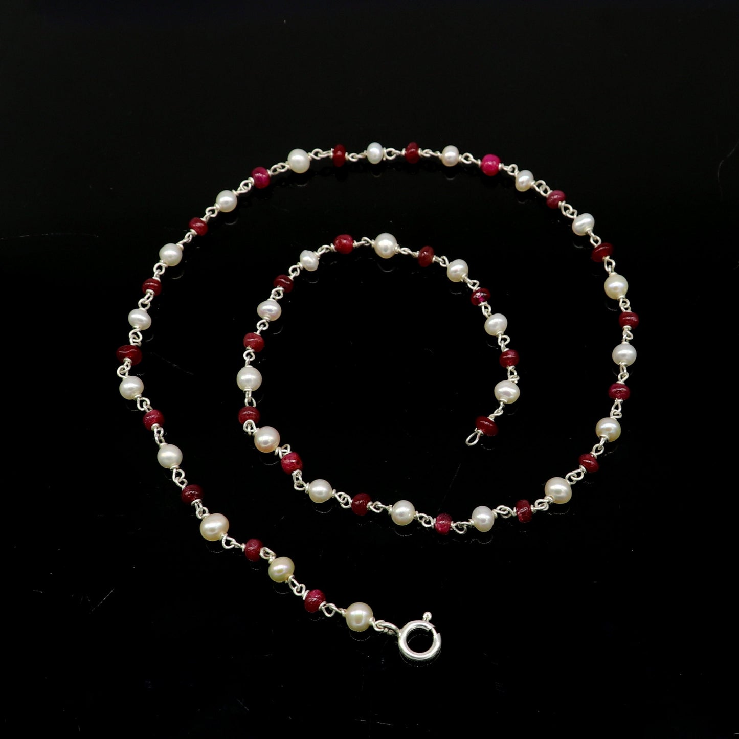 Elegant pearl and red stone beaded necklace in 925 sterling silver, 16 inches long, perfect for women and daily wear.