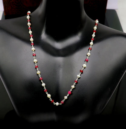 Elegant pearl and red stone beaded necklace in 925 sterling silver, 16 inches long, perfect for women's daily wear or gifting.