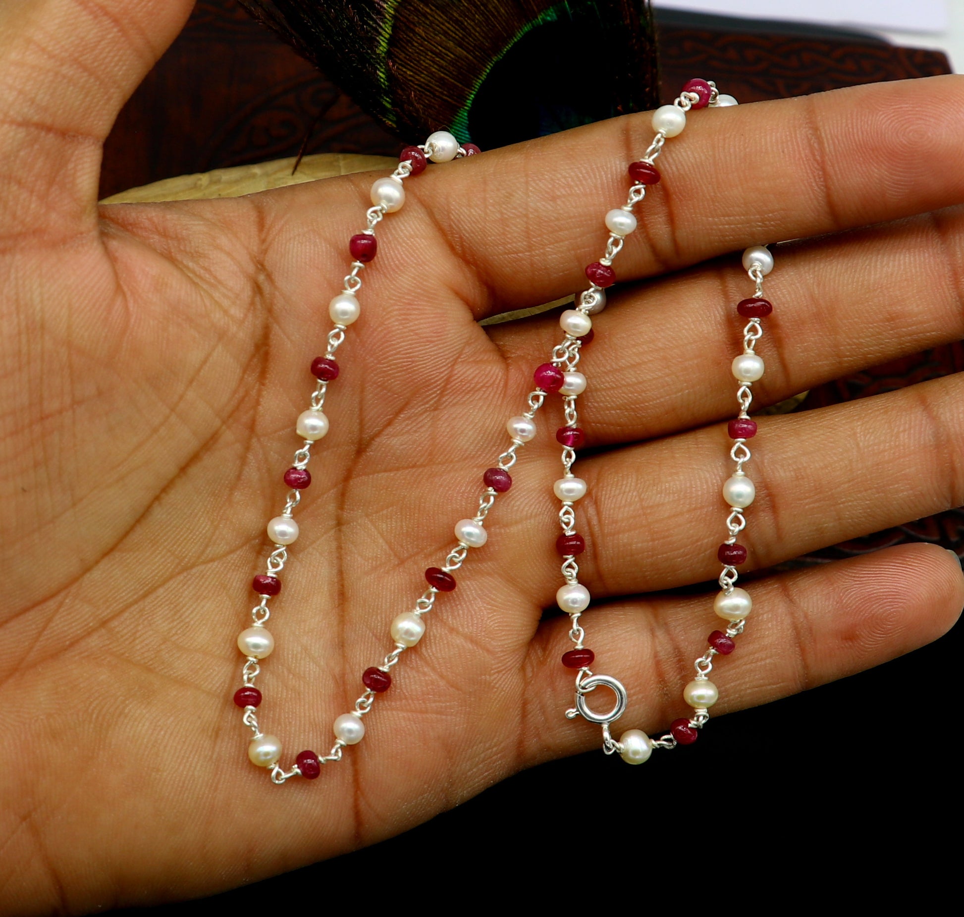 Elegant pearl and red stone beaded necklace in 925 sterling silver, 16 inches long, suitable for women and daily wear.