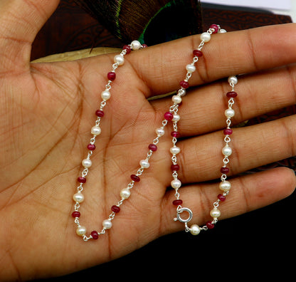 Elegant pearl and red stone beaded necklace in 925 sterling silver, 16 inches long, suitable for women and daily wear.