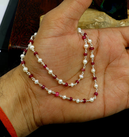 Elegant pearl and red stone beaded necklace in 925 sterling silver, 16 inches long, perfect for girls and women daily wear.