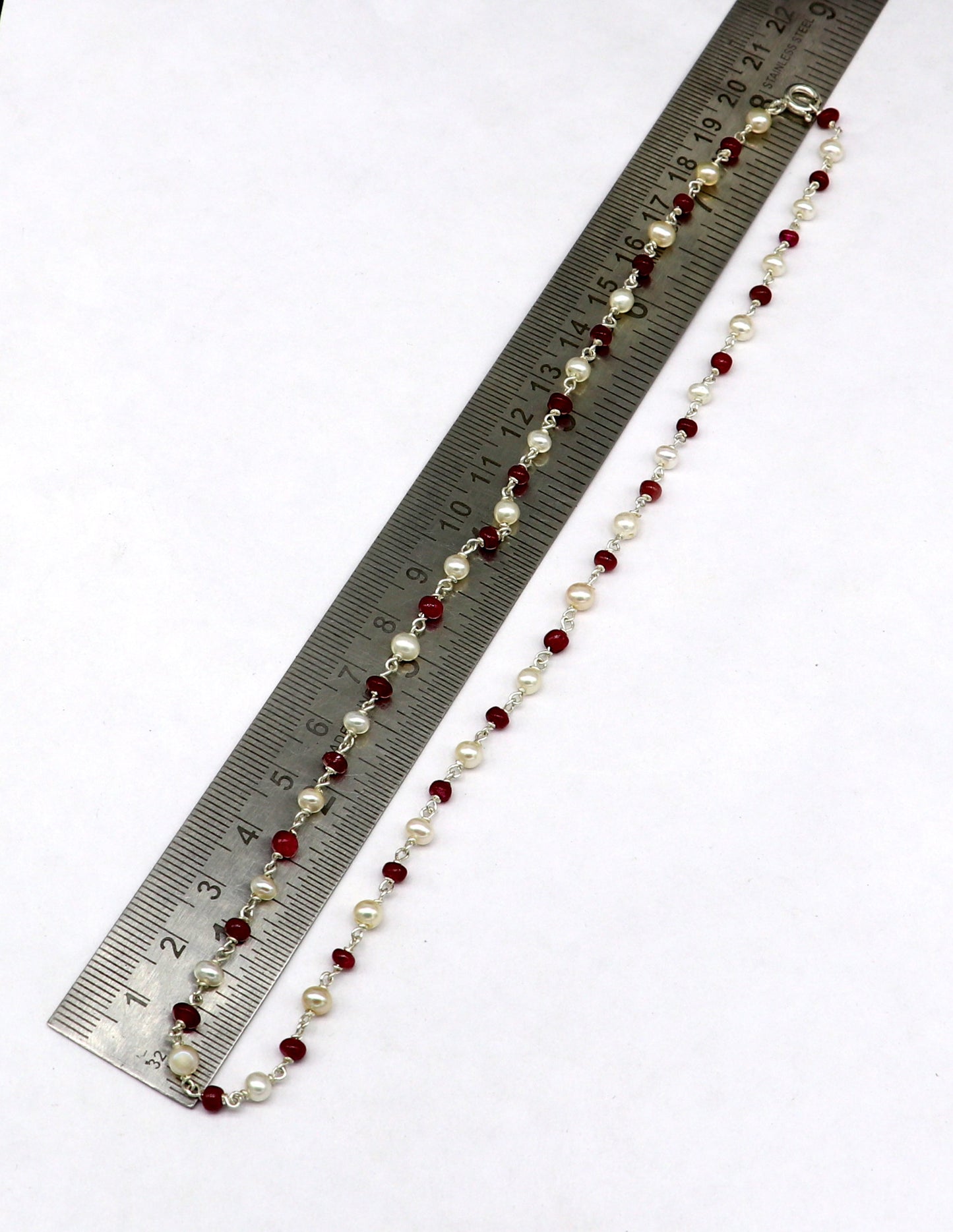 Elegant pearl and red stone beaded necklace in 925 sterling silver, 16 inches long, perfect for daily wear and gifting.