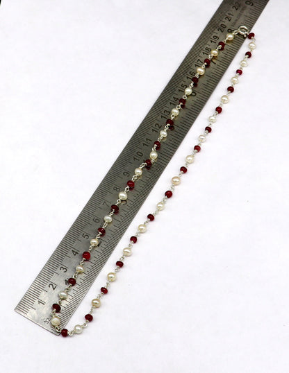 Elegant pearl and red stone beaded necklace in 925 sterling silver, 16 inches long, perfect for daily wear and gifting.