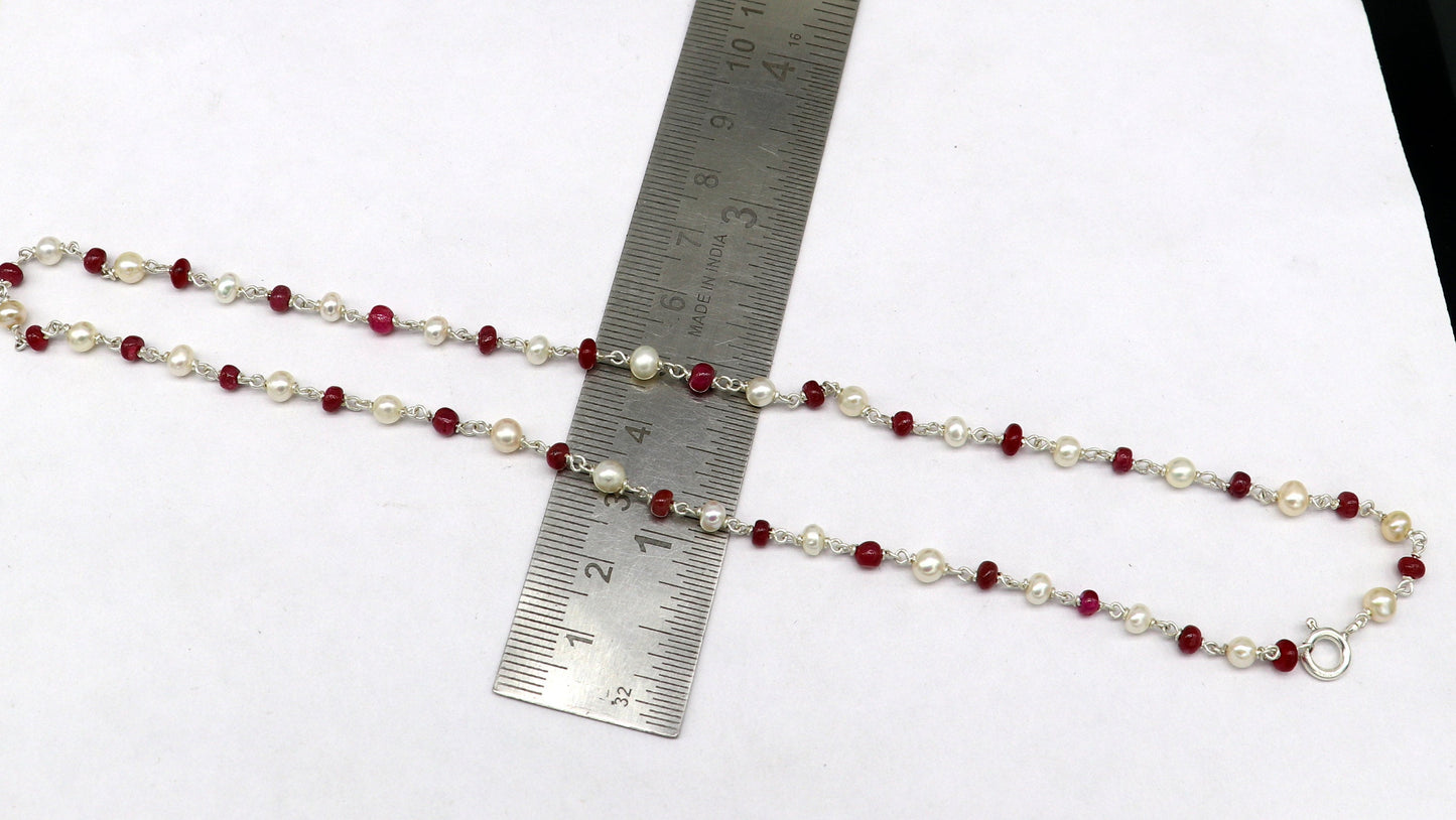Elegant pearl and red stone beaded necklace in 925 sterling silver, 16-inch length, suitable for women and daily wear.