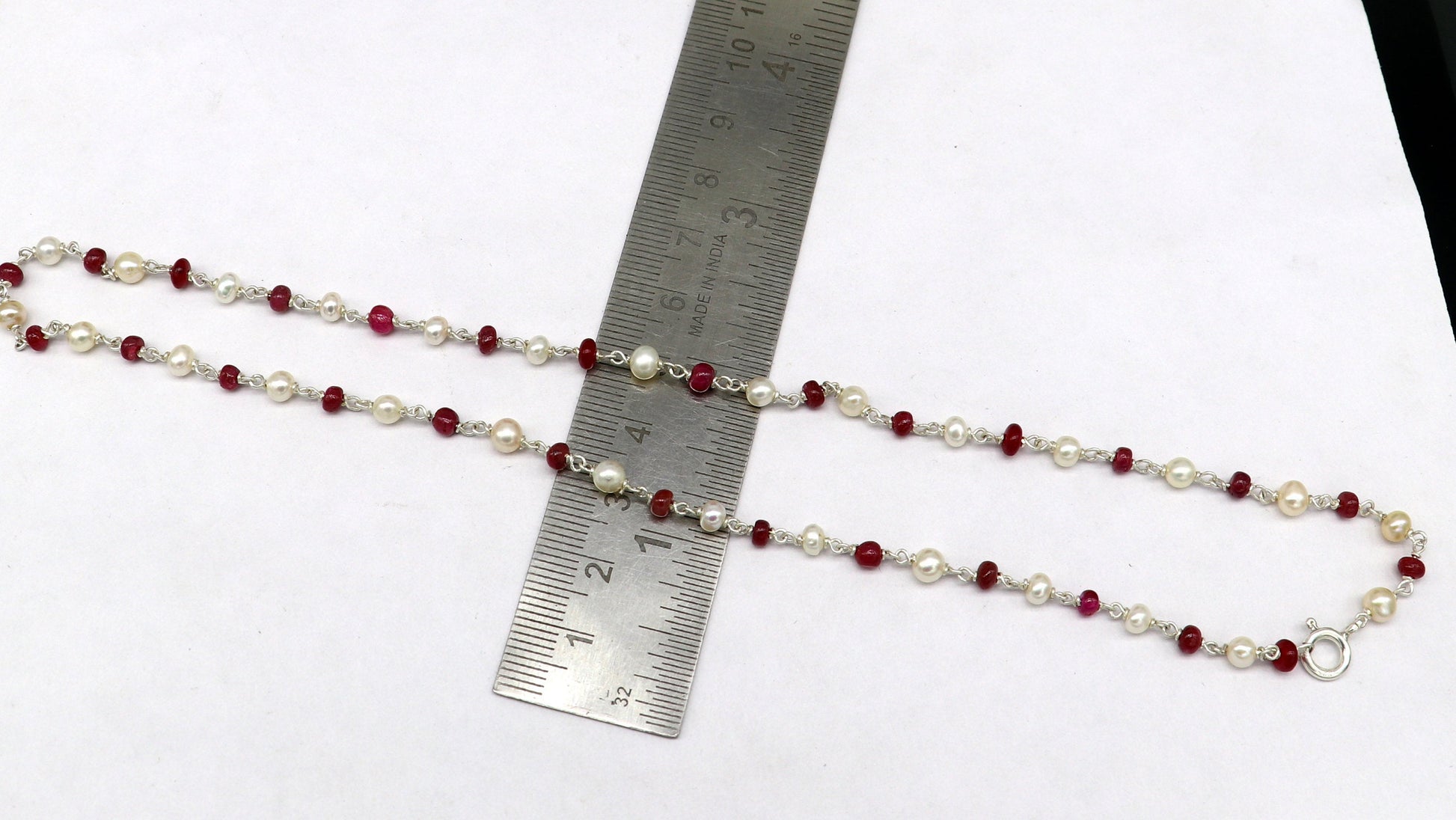 Elegant pearl and red stone beaded necklace in 925 sterling silver, 16-inch length, suitable for women and daily wear.