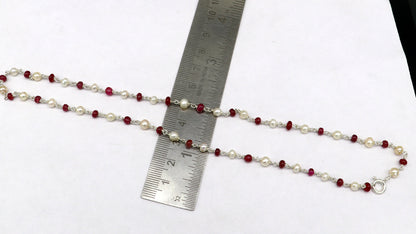 Elegant pearl and red stone beaded necklace in 925 sterling silver, 16-inch length, suitable for women and daily wear.