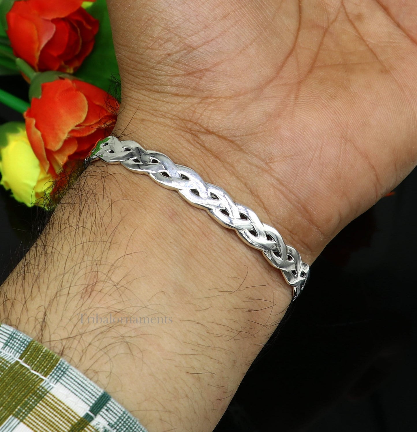 Elegant 925 sterling silver adjustable cuff bangle bracelet by Tribal Ornaments, unisex stylish jewelry for gifting.