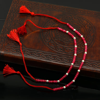 Elegant tribal threads anklet with semi-precious ruby stones and 925 silver beads, custom-made beaded jewelry for women.